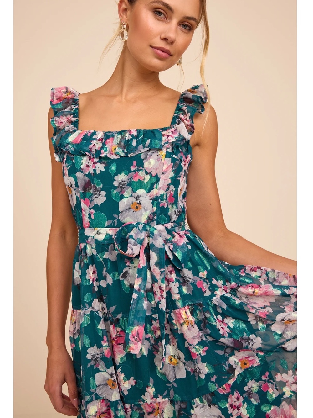 NWT Lulu’s Shela Teal Floral Jacquard Tiered Midi Dress XXL Romantic Gardengirl - Picture 10 of 13